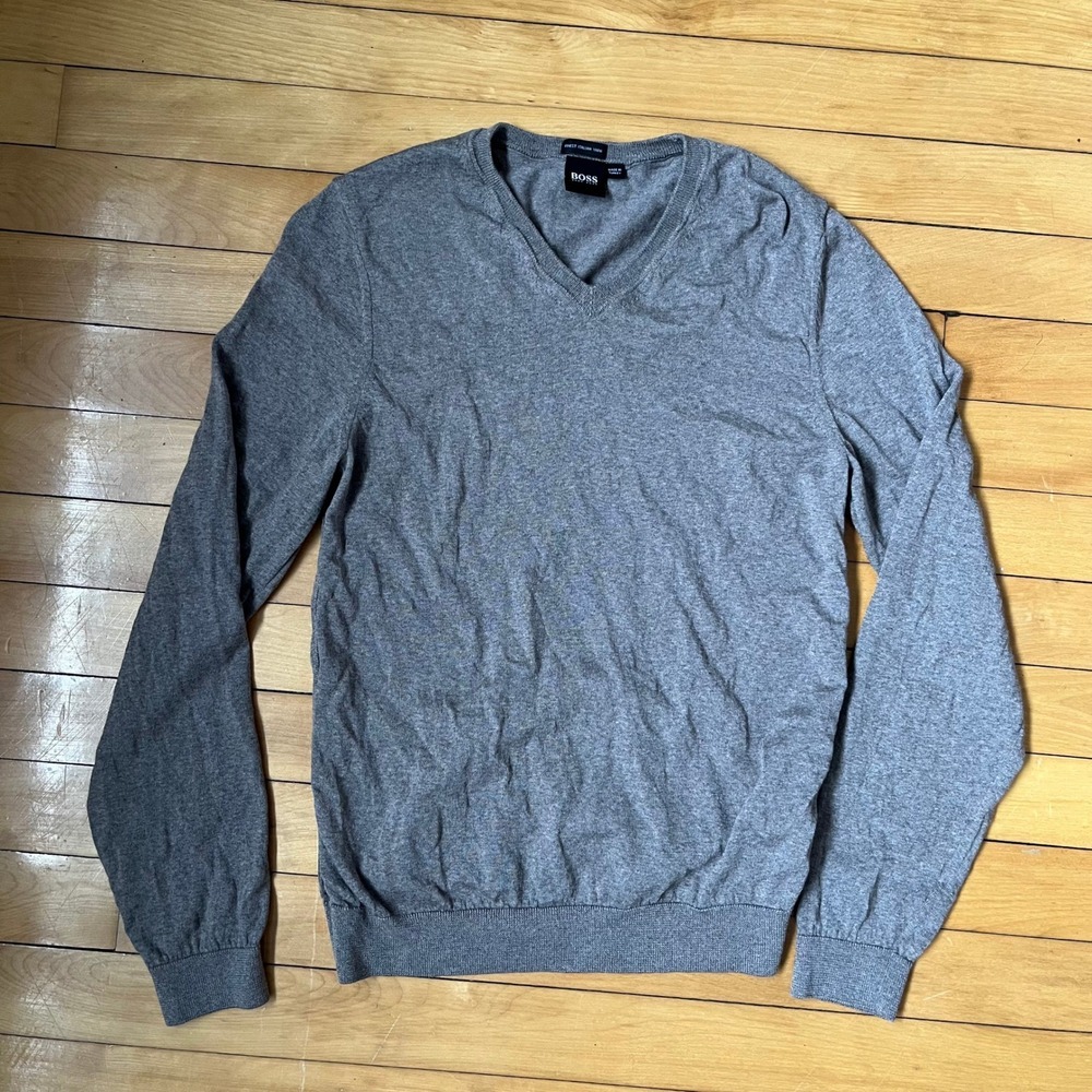 Hugo Boss Mens Grey V-Neck Sweater Finest Italian Yarn Wool Knit Pullover L